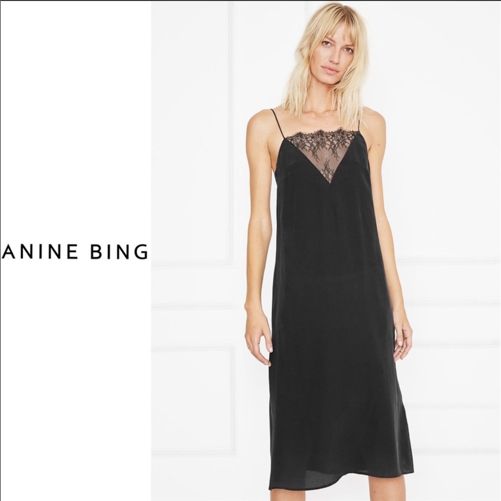 Anine Bing Black Silk Slip Dress Lace Insert Small